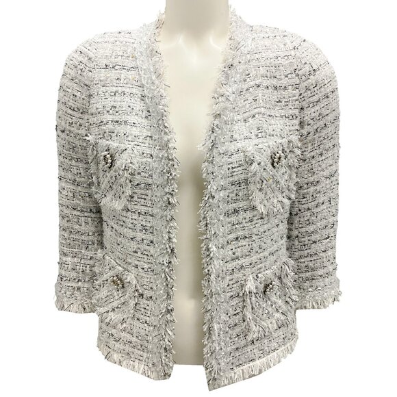 Edward Achour White / Grey / Black Pearl Embellished Open Tweed Jacket